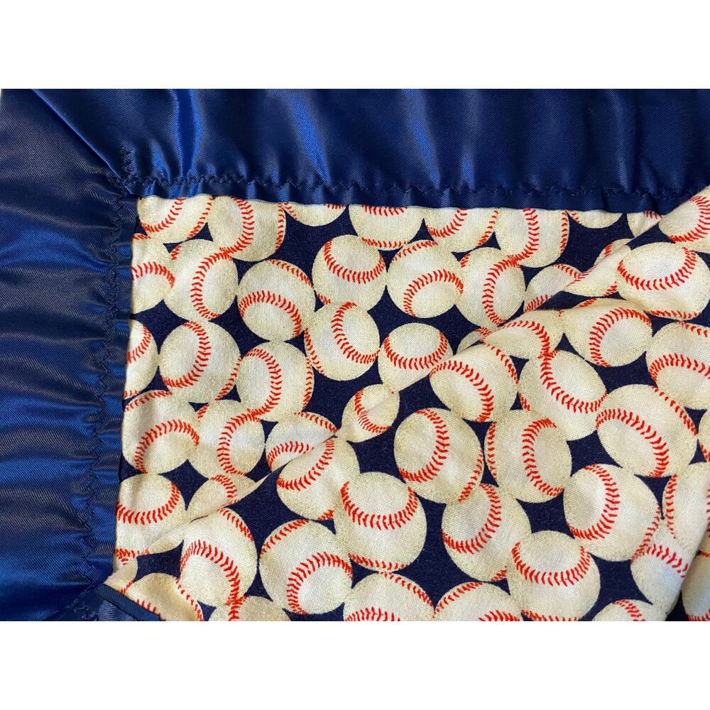 Handmade vintage Baseball baby blanket Blue‎ satin trim Baby boy 42x33